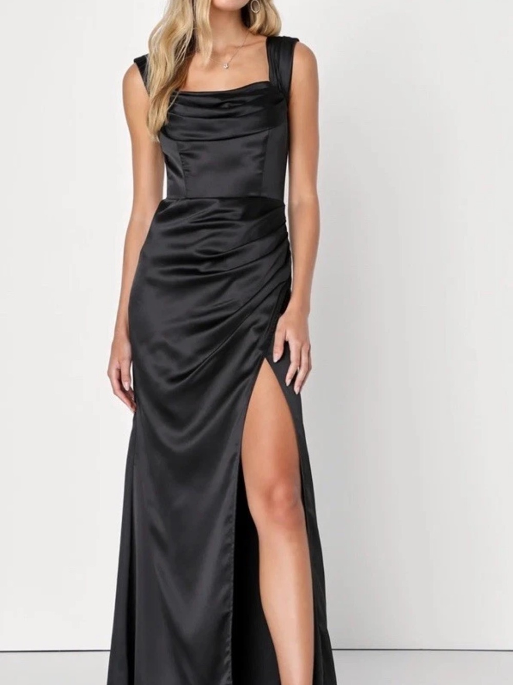 NWT Lulu's formal long Black Satin off the Shoulder Gown with High Slit Sz S